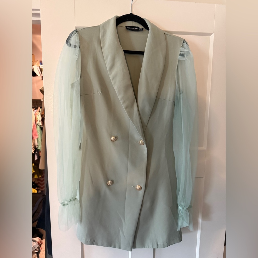 Mint Green Double-Breasted Blazer with Sheer Sleeves